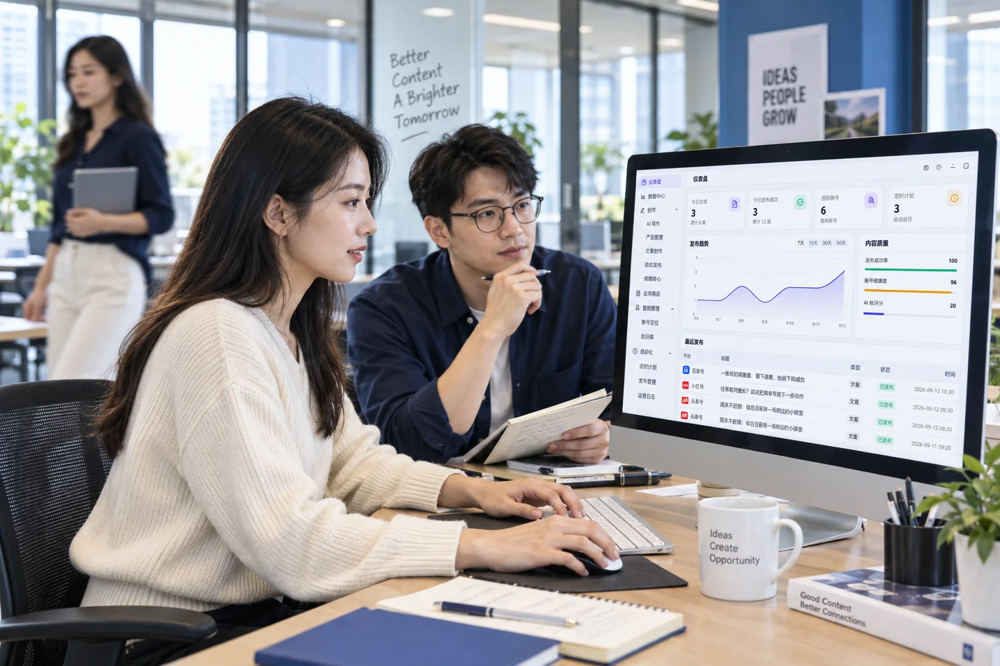 AI 生成的团队内容办公场景,电脑中展示 ALQQ 演示界面