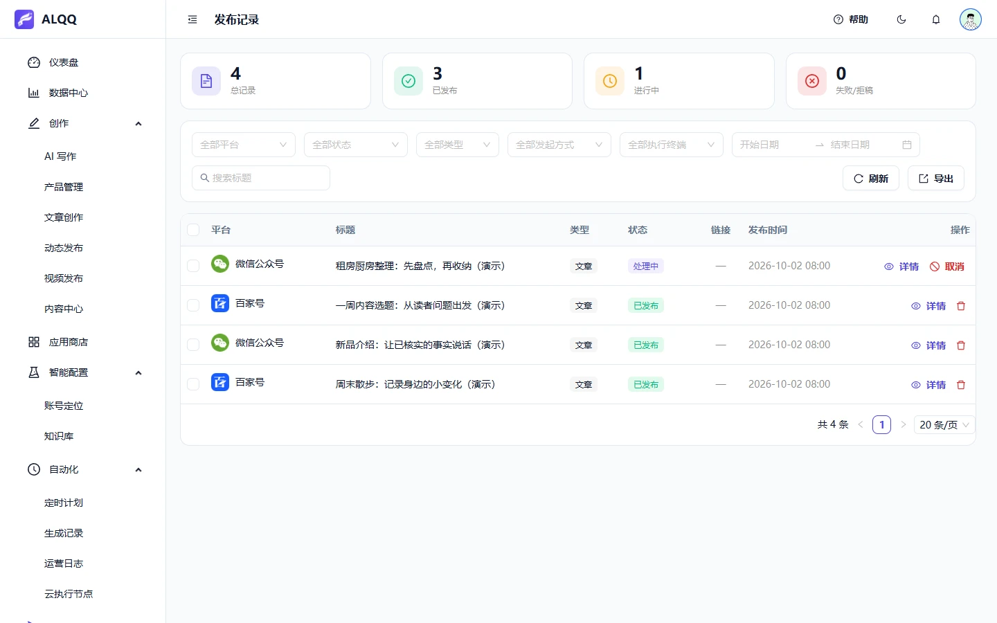 ALQQ 发布记录界面,查看多平台文章的排队状态与发布结果,全部为演示数据